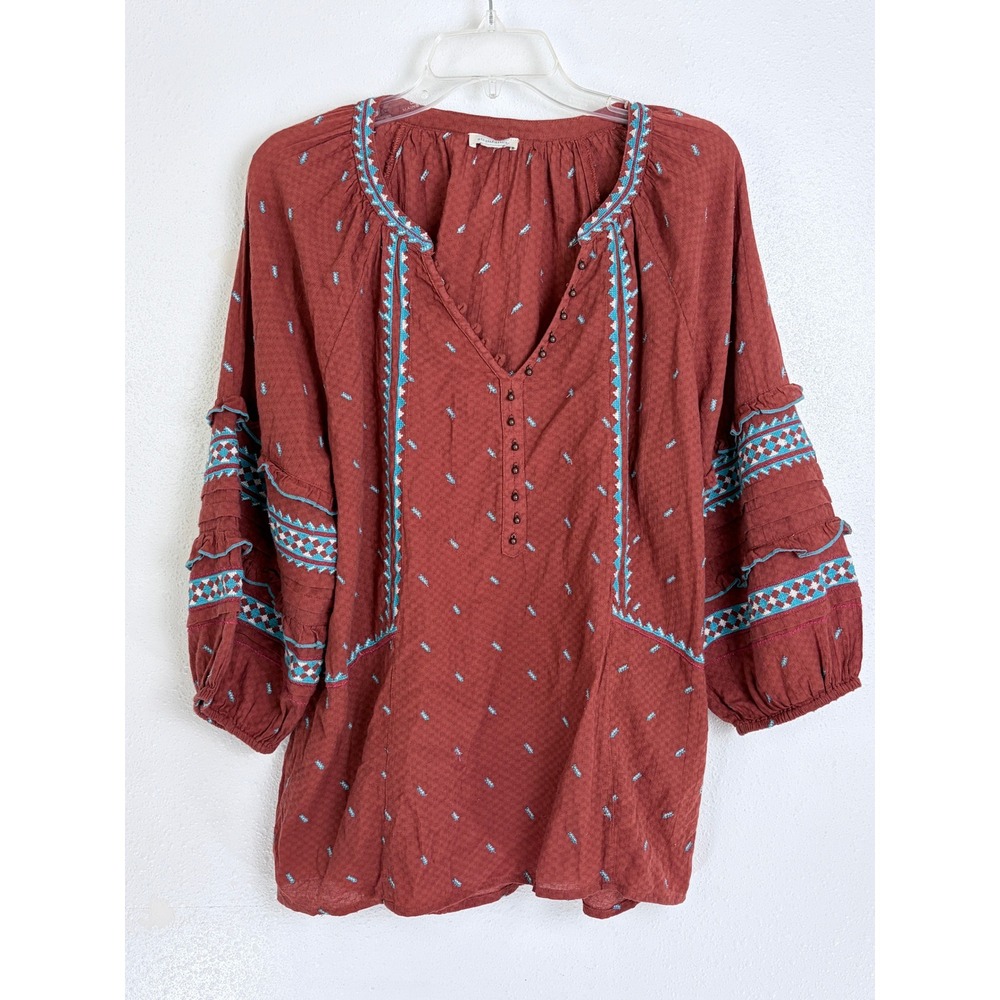 Sundance Peasant Blouse Rust Red Embroidered Ruffle Sleeve Boho Top L
